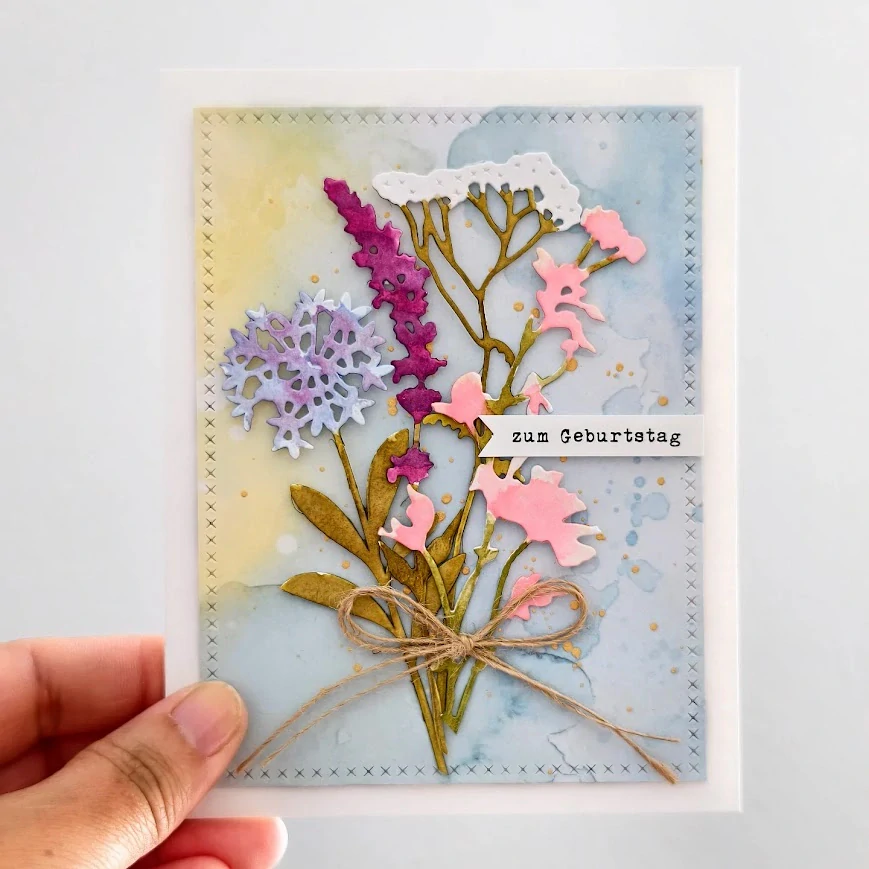 PŘÁNÍ K NAROZENINÁM - luční kvítí, v němčině (880)