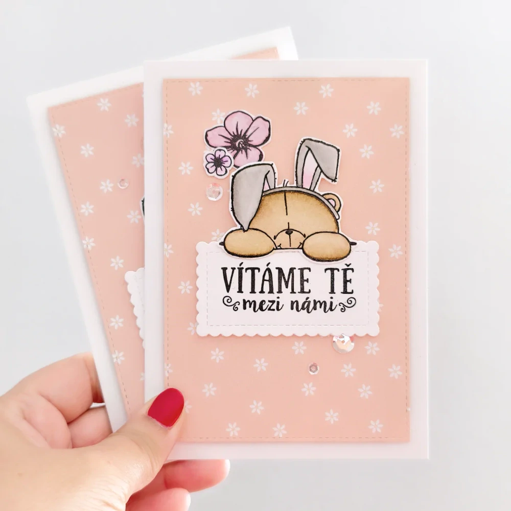 PŘÁNÍ K NAROZENÍ HOLČIČKY -  medvídek s kytičkami