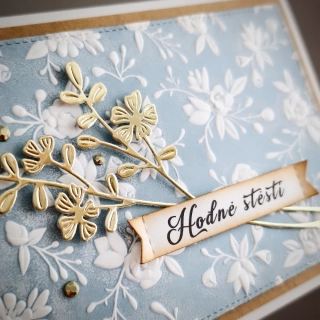PŘÁNÍ K NAROZENINÁM / SVATEBNÍ - modré embossované "Hodně štěstí"