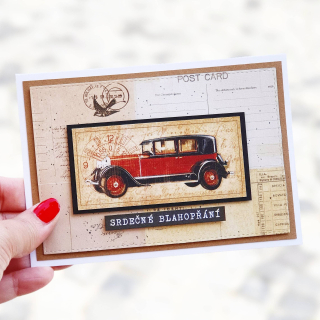 PŘÁNÍ K NAROZENINÁM PRO MUŽE - retro s červeným veteránem